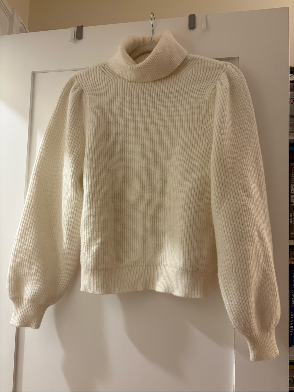 Ann Taylor Cream Ribbed Turtleneck Sweater with Balloon Sleeves